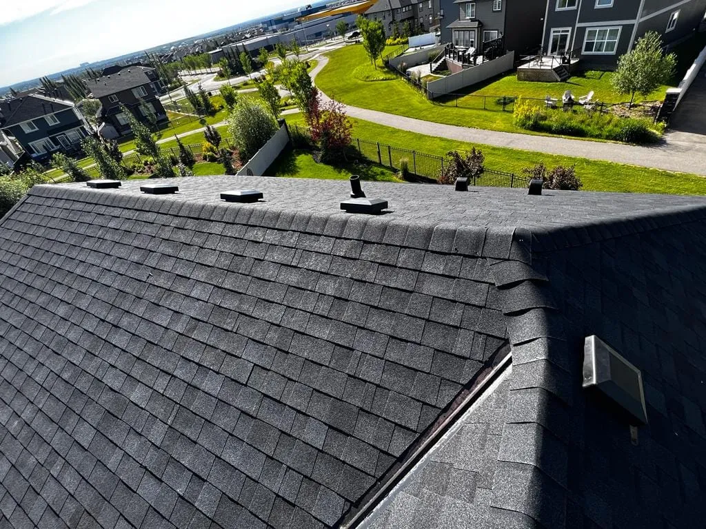 Aerial view of shingle roofs across a Calgary neighbourhood